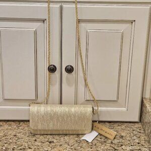 La Regale Gold Metallic Shimmer Gold Beaded Chain Clutch Shoulder Evening Bag